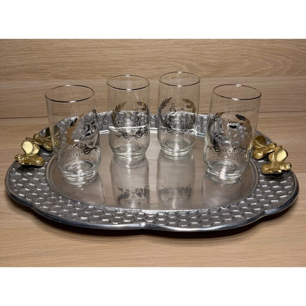 Vintage Glass Silver 25th Anniversary Set of 4 Drinking Glasses 5”